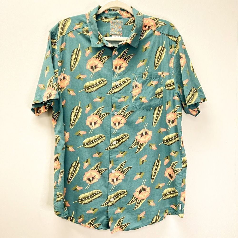 RVCA Tropical Hawaiian Shirt Green Floral Print Short Sleeve Button Down Shirt L